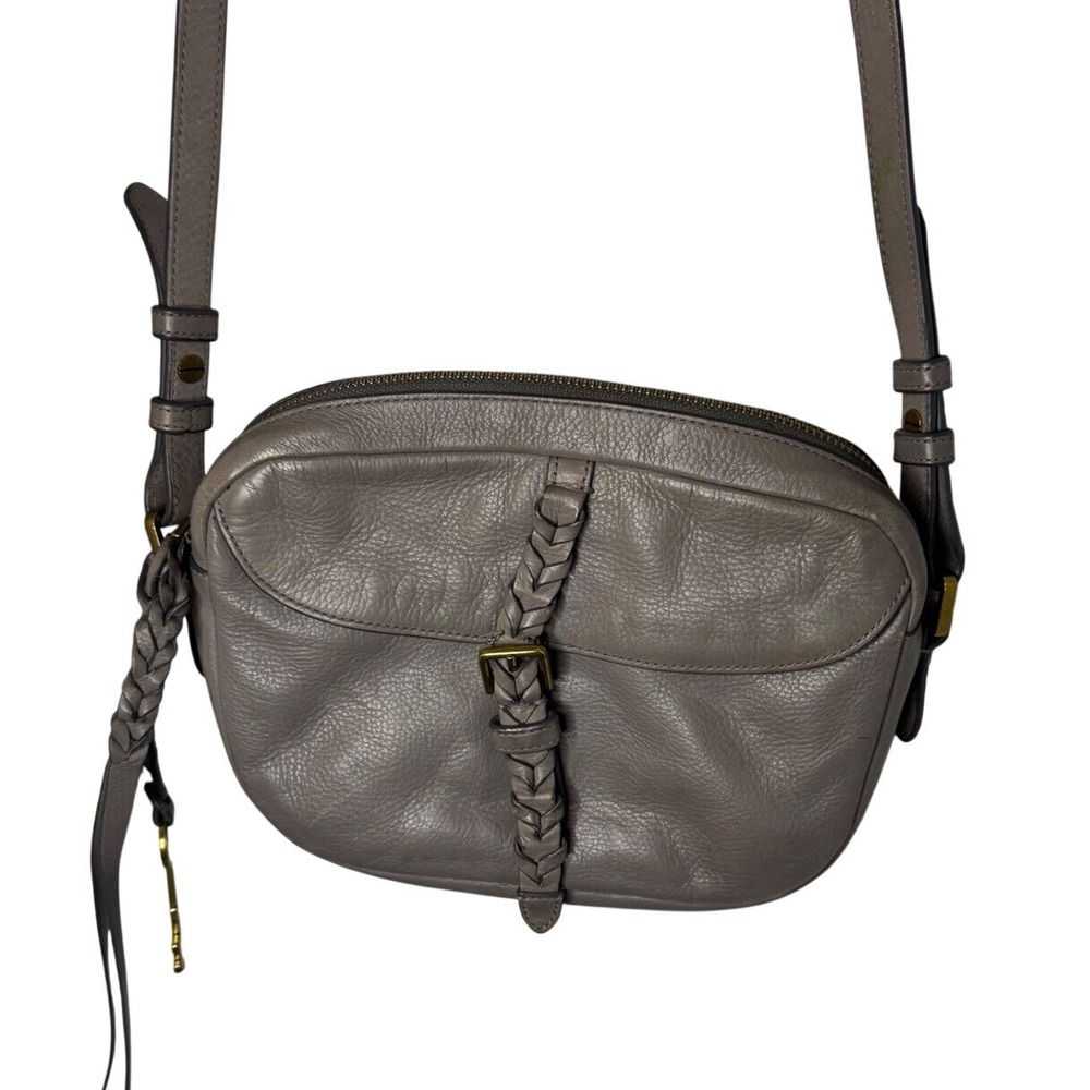 Vtg Fossil‎ Grey Leather Braided Crossbody Bag Taupe Camera Bag with Key Charm